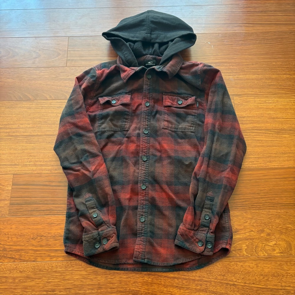 O'Neill Mens Y2K Red Black Plaid Hooded Flannel Shirt Jacket Medium Standard Fit